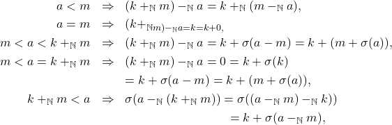 \begin{eqnarray*} a < m & \Rightarrow & (k +_{\mathbb{N}} m) -_{\mathbb{N}} a = k +_{\mathbb{N}} (m -_{\mathbb{N}} a),\\ a = m & \Rightarrow & (k +_{\mathbb{N} m) -_{\mathbb{N}} a = k = k + 0,\\ m < a < k +_{\mathbb{N}} m & \Rightarrow & (k +_{\mathbb{N}} m) -_{\mathbb{N}} a = k + \sigma(a - m) = k + (m + \sigma(a)),\\ m < a = k +_{\mathbb{N}} m & \Rightarrow & (k +_{\mathbb{N}} m) -_{\mathbb{N}} a = 0 = k + \sigma(k) \\ & & = k + \sigma(a - m) = k + (m + \sigma(a)),\\ k +_{\mathbb{N}} m < a & \Rightarrow & \sigma(a -_{\mathbb{N}} (k +_{\mathbb{N}} m)) = \sigma((a -_{\mathbb{N}} m) -_{\mathbb{N}} k))\\ & & \hspace{2.9cm}~~ = k + \sigma(a -_{\mathbb{N}} m), \end{eqnarray*}