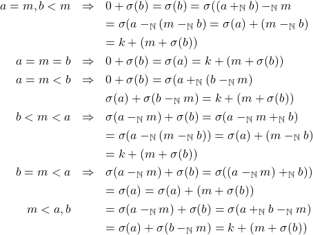 \begin{eqnarray*} a = m, b < m & \Rightarrow & 0 + \sigma(b) = \sigma(b) = \sigma((a +_{\mathbb{N}} b) -_{\mathbb{N}} m\\ & & = \sigma(a -_{\mathbb{N}} (m -_{\mathbb{N}} b) = \sigma(a) + (m -_{\mathbb{N}} b)\\ & & = k + (m + \sigma(b))\\ a = m = b & \Rightarrow & 0 + \sigma(b) = \sigma(a) = k + (m + \sigma(b))\\ a = m < b & \Rightarrow & 0 + \sigma(b) = \sigma(a +_{\mathbb{N}} (b -_{\mathbb{N}} m)\\ & & \sigma(a) + \sigma(b -_{\mathbb{N}} m) = k + (m + \sigma(b))\\ b < m < a & \Rightarrow & \sigma(a -_{\mathbb{N}} m) + \sigma(b) = \sigma(a -_{\mathbb{N}} m +_{\mathbb{N}} b)\\ & & = \sigma(a -_{\mathbb{N}} (m -_{\mathbb{N}} b)) = \sigma(a) + (m -_{\mathbb{N}} b)\\ & & = k + (m + \sigma(b))\\ b = m < a & \Rightarrow & \sigma(a -_{\mathbb{N}} m) + \sigma(b) = \sigma((a -_{\mathbb{N}} m) +_{\mathbb{N}} b))\\ & & = \sigma(a) = \sigma(a) + (m + \sigma(b))\\ m < a, b & & = \sigma(a -_{\mathbb{N}} m) + \sigma(b) = \sigma(a +_{\mathbb{N}} b -_{\mathbb{N}} m)\\ & & = \sigma(a) + \sigma(b -_{\mathbb{N}} m) = k + (m + \sigma(b)) \end{eqnarray*}