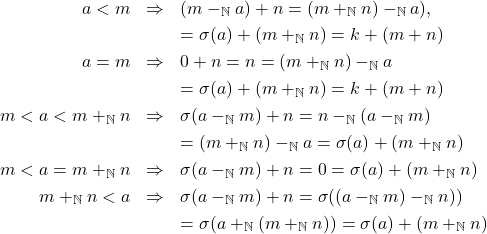 \begin{eqnarray*} a < m & \Rightarrow & (m -_{\mathbb{N}} a) + n = (m +_{\mathbb{N}} n) -_{\mathbb{N}} a), \\ & & = \sigma(a) + (m +_{\mathbb{N}} n) = k + (m + n)\\ a = m & \Rightarrow & 0 + n = n = (m +_{\mathbb{N}} n) -_{\mathbb{N}} a\\ & & = \sigma(a) + (m +_{\mathbb{N}} n) = k + (m + n)\\ m < a < m +_{\mathbb{N}} n & \Rightarrow & \sigma(a -_{\mathbb{N}} m) + n = n -_{\mathbb{N}} (a -_{\mathbb{N}} m)\\ & & = (m +_{\mathbb{N}} n) -_{\mathbb{N}} a = \sigma(a) + (m +_{\mathbb{N}} n)\\ m < a = m +_{\mathbb{N}} n & \Rightarrow & \sigma(a -_{\mathbb{N}} m) + n = 0 = \sigma(a) + (m +_{\mathbb{N}} n) \\ m +_{\mathbb{N}} n < a & \Rightarrow & \sigma(a -_{\mathbb{N}} m) + n = \sigma((a -_{\mathbb{N}} m) -_{\mathbb{N}} n))\\ & & = \sigma(a +_{\mathbb{N}} (m +_{\mathbb{N}} n)) = \sigma(a) + (m +_{\mathbb{N}} n) \end{eqnarray*}