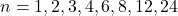 n=1,2,3,4,6,8,12,24